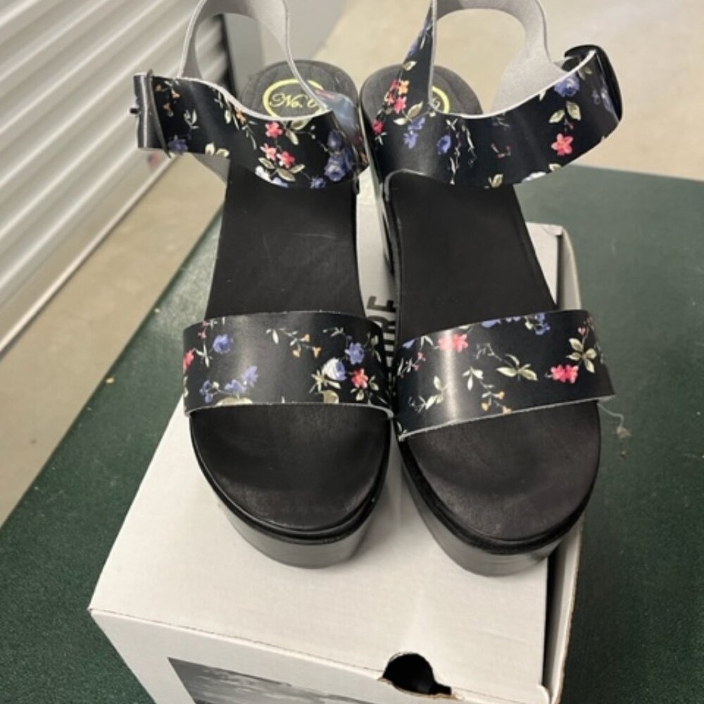 New No. 6 , Wood Platform Sandals, Black Floral,  Size 41.5